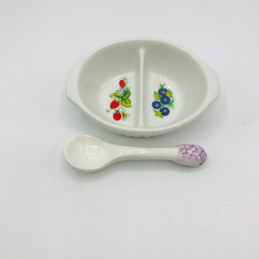 Vintage divided oval ceramic petite jelly/ relish dish with serving spoon.